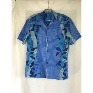 Royal Creations Hawaiian Shirt Blue Plumeria Size Small Made in USA Camp Golf